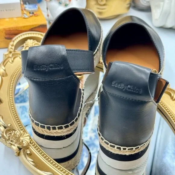 🆕 SEE BY CHLOE 🧿 NWOB Glyn Black Leather Espadrille Sandals - EU 37 - Picture 5 of 16